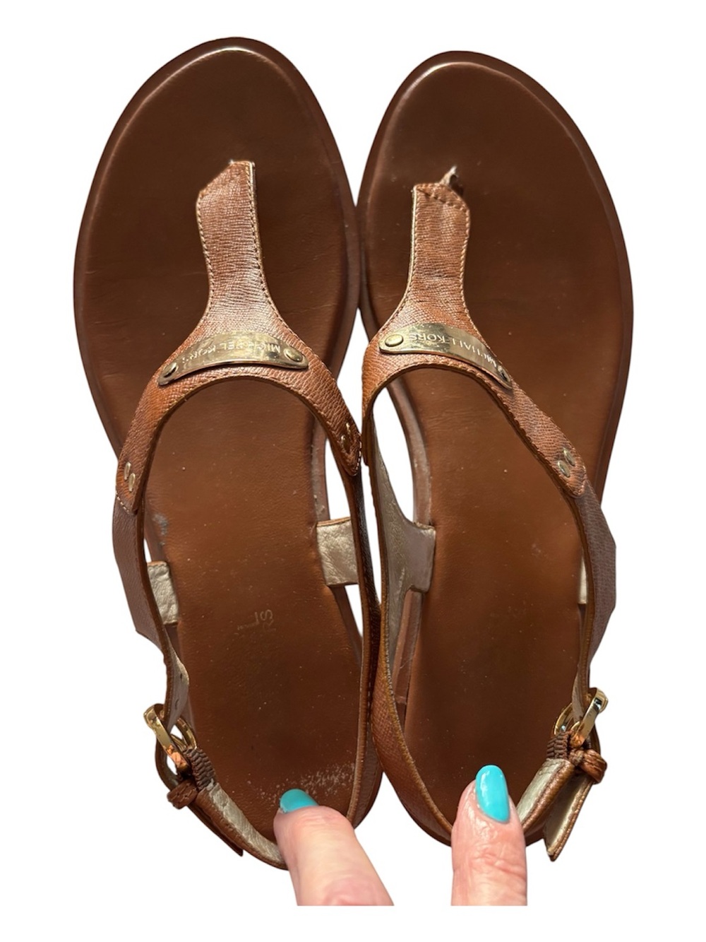 MICHAEL Michael Kors MK Plate Leather (tan) Flat Thong Sandals Gold Size 11